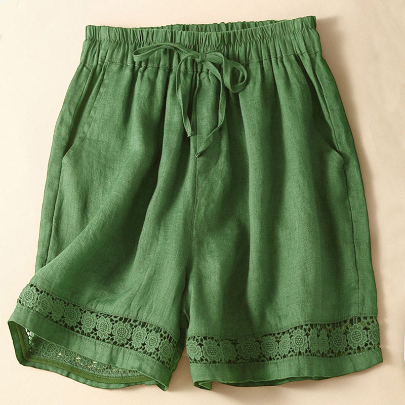 Buddha Stones Plain Color Bottom Hollow Lace Design Lace-up Cotton Women's Shorts With Pockets - image 40