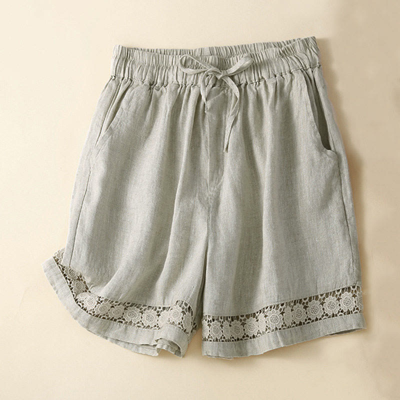 Buddha Stones Plain Color Bottom Hollow Lace Design Lace-up Cotton Linen Women's Shorts With Pockets - Beige - US12，UK/AU16，EU44 (3XL) - image 1