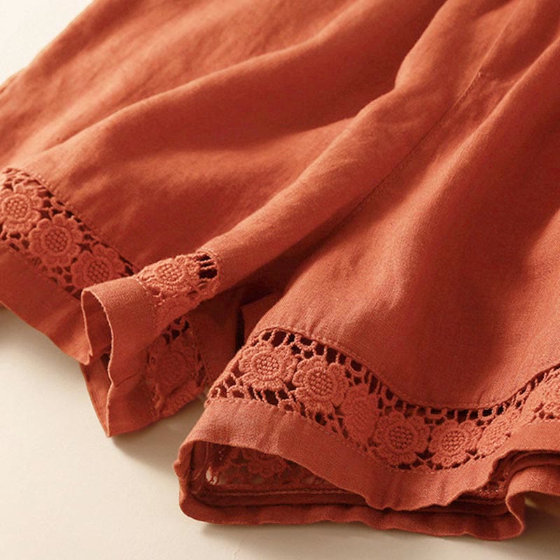 Buddha Stones Plain Color Bottom Hollow Lace Design Lace-up Cotton Women's Shorts With Pockets - image 46