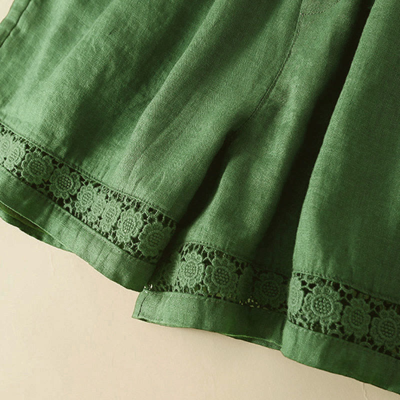 Buddha Stones Plain Color Bottom Hollow Lace Design Lace-up Cotton Women's Shorts With Pockets - image 37