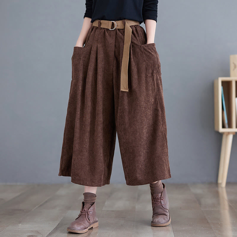 Buddha Stones Retro Women's Wide Leg 7-8 Length Corduroy Pants With Pockets Belt - SaddleBrown - US12，UK/AU16，EU44 (2XL) - image 16