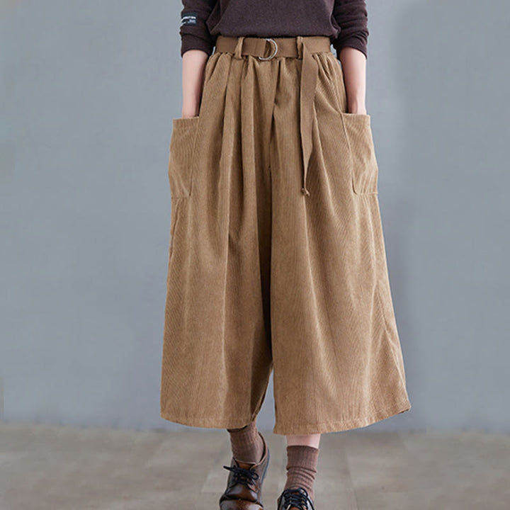 Buddha Stones Retro Women's Wide Leg 7-8 Length Corduroy Pants With Pockets Belt - image 1