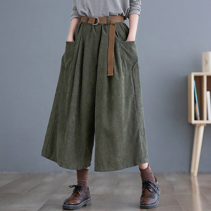 Buddha Stones Retro Women's Wide Leg 7-8 Length Corduroy Pants With Pockets Belt - DarkOliveGreen - US8-10，UK/AU12-14，EU40-42 (2XL) - image 11
