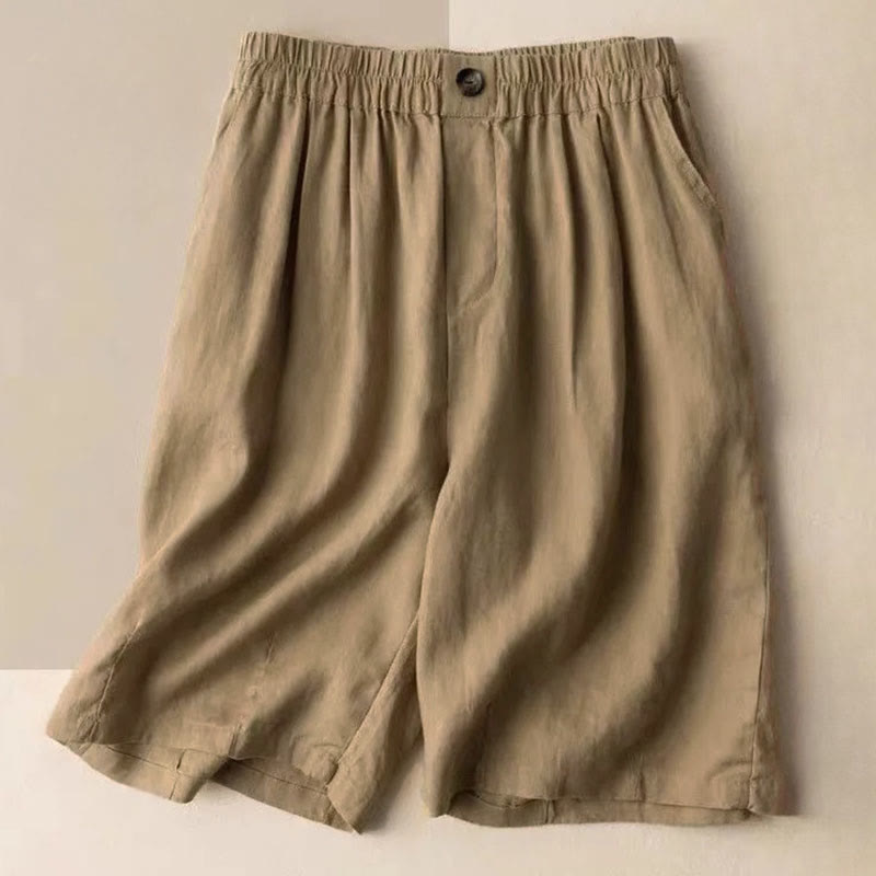 Buddha Stones Summer Casual Plain Zipper Button Cotton Linen Women's Shorts With Pockets - BurlyWood - US8-10，UK/AU12-14，EU40-42 (3XL) - image 0