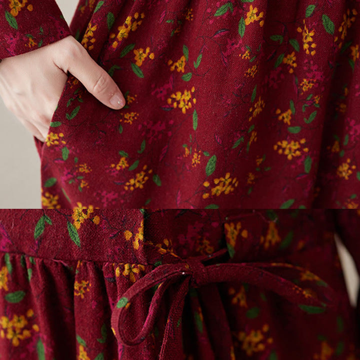 Buddha Stones Ethnic Printing Floral Long Sleeve Buttons Design Midi Dress With Pockets - image 18