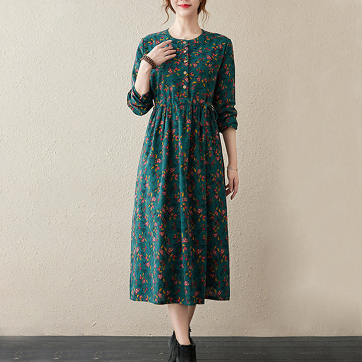 Buddha Stones Ethnic Printing Floral Long Sleeve Buttons Design Cotton Linen Midi Dress With Pockets - image 8