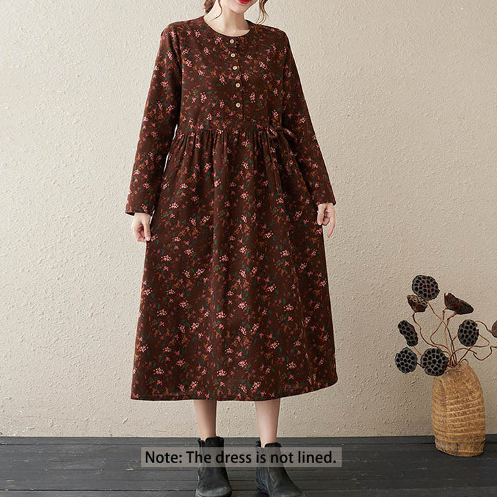 Buddha Stones Ethnic Printing Floral Long Sleeve Buttons Design Midi Dress With Pockets - image 1