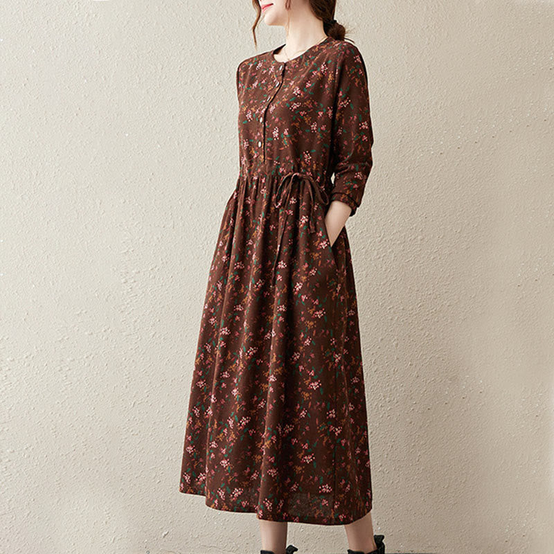 Buddha Stones Ethnic Printing Floral Long Sleeve Buttons Design Cotton Linen Midi Dress With Pockets - image 4