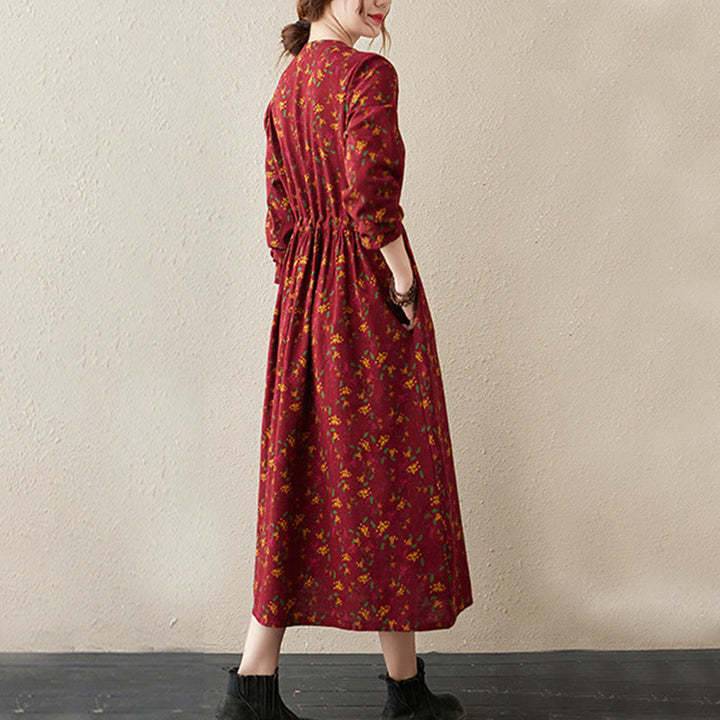 Buddha Stones Ethnic Printing Floral Long Sleeve Buttons Design Cotton Linen Midi Dress With Pockets - image 14