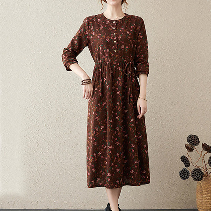 Buddha Stones Ethnic Printing Floral Long Sleeve Buttons Design Midi Dress With Pockets - image 2