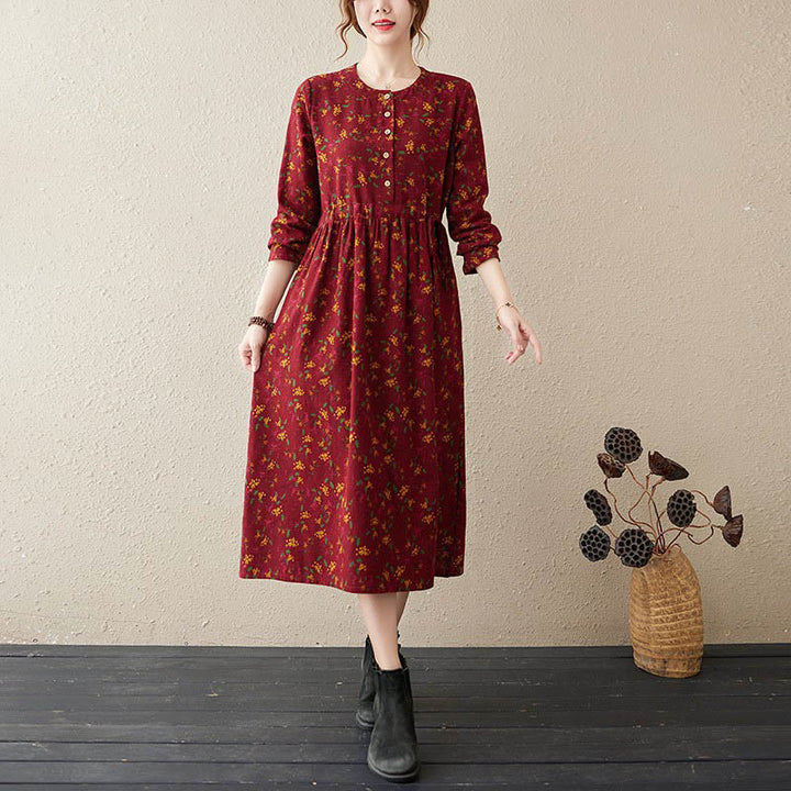 Buddha Stones Ethnic Printing Floral Long Sleeve Buttons Design Midi Dress With Pockets - FireBrick - US12，UK/AU16，EU44 (3XL) - image 10