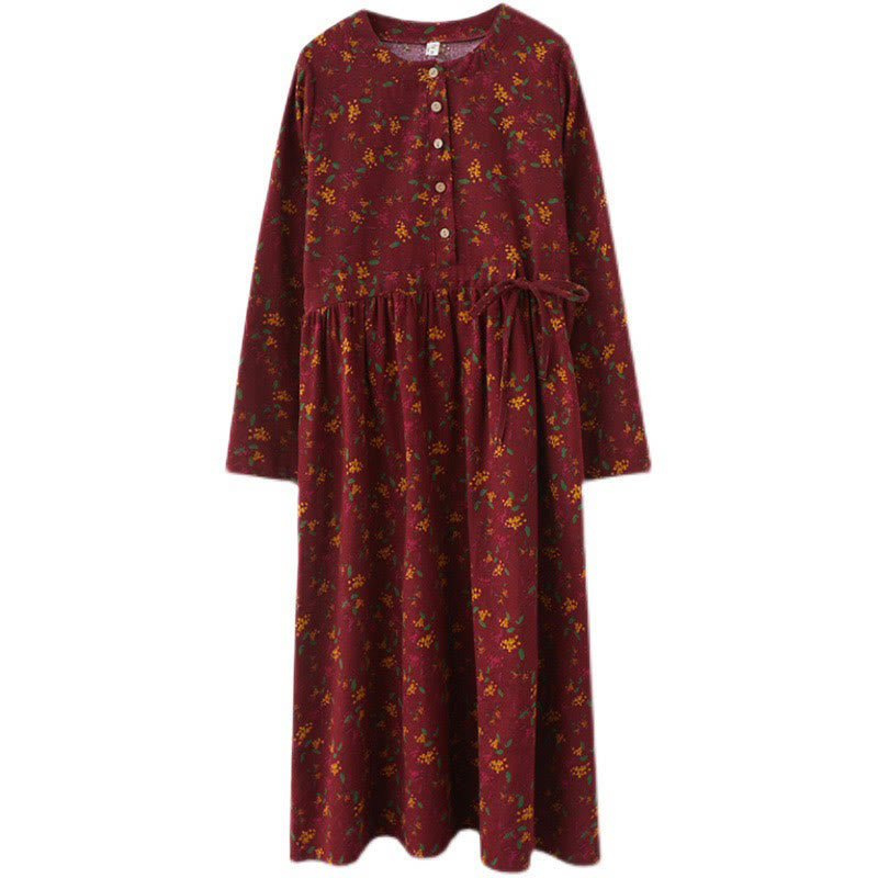 Buddha Stones Ethnic Printing Floral Long Sleeve Buttons Design Midi Dress With Pockets - image 20