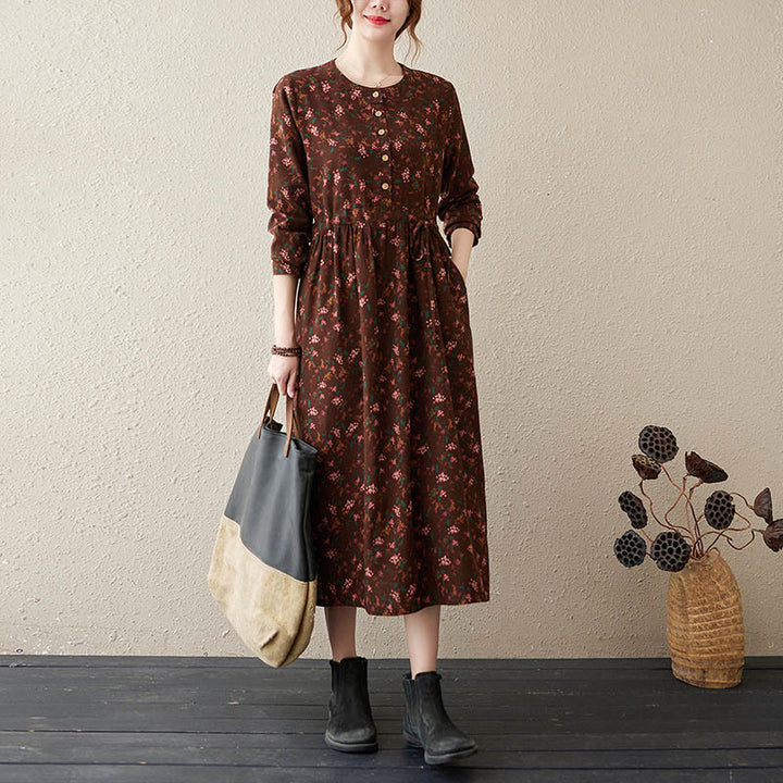 Buddha Stones Ethnic Printing Floral Long Sleeve Buttons Design Midi Dress With Pockets - SaddleBrown - US12，UK/AU16，EU44 (3XL) - image 0