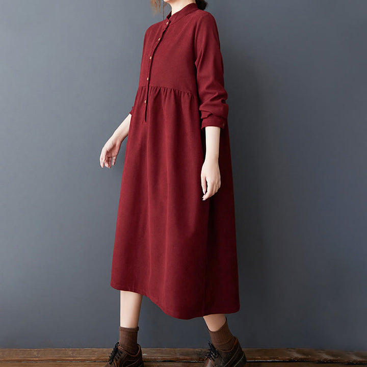Buddha Stones Plain Buttons Design Thermal Cotton Linen Long Sleeve Midi Dress With Pockets - image 24