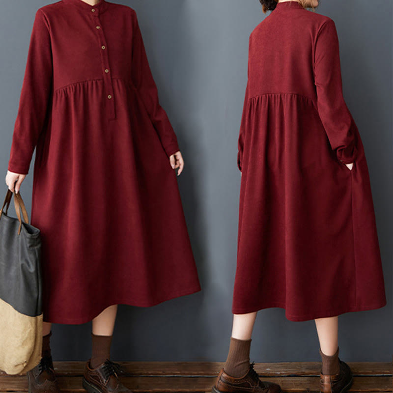 Buddha Stones Plain Buttons Design Thermal Cotton Linen Long Sleeve Midi Dress With Pockets - image 26