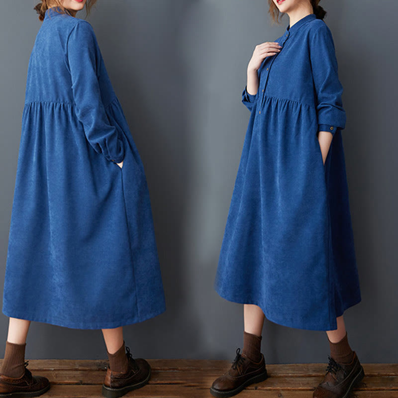 Buddha Stones Plain Buttons Design Thermal Cotton Linen Long Sleeve Midi Dress With Pockets - image 20