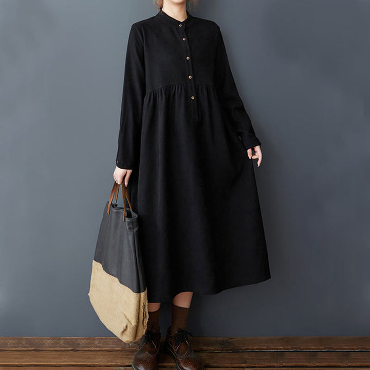 Buddha Stones Plain Buttons Design Thermal Cotton Linen Long Sleeve Midi Dress With Pockets - image 3