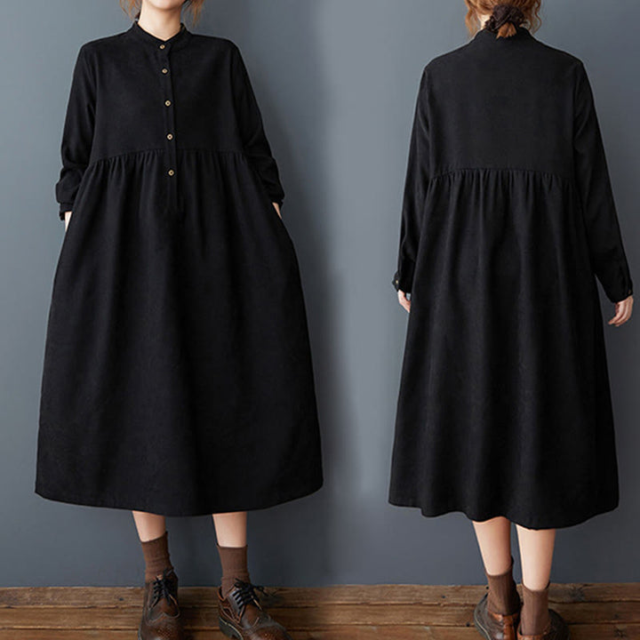 Buddha Stones Plain Buttons Design Thermal Cotton Linen Long Sleeve Midi Dress With Pockets - image 4