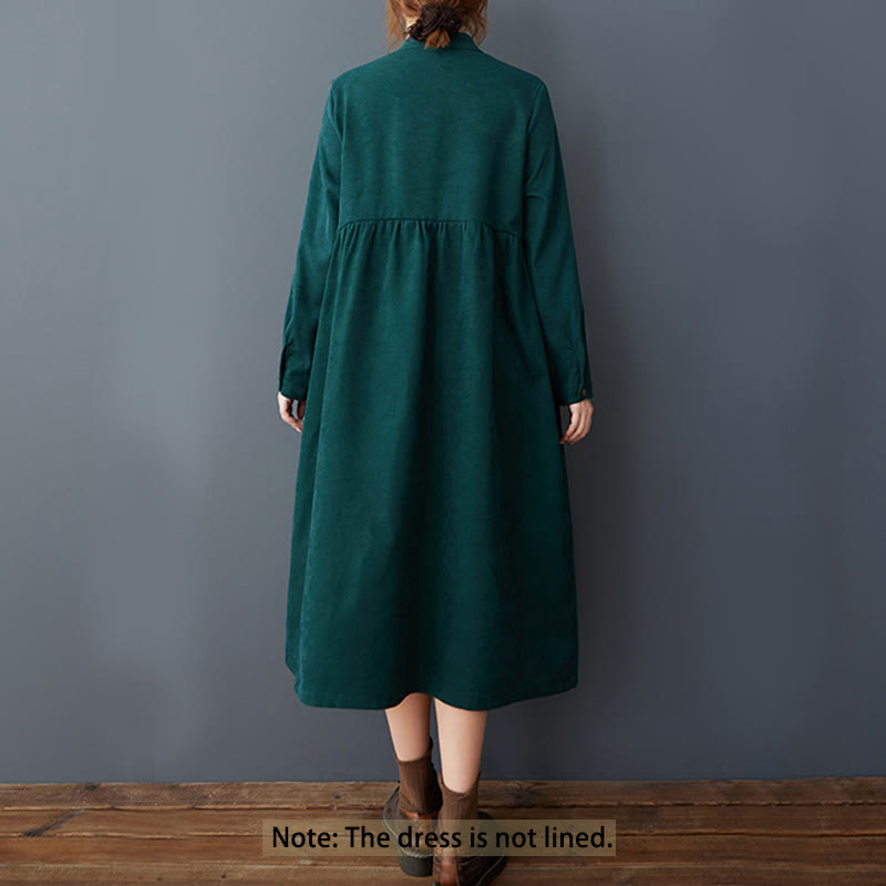 Buddha Stones Plain Buttons Design Thermal Cotton Linen Long Sleeve Midi Dress With Pockets - image 6