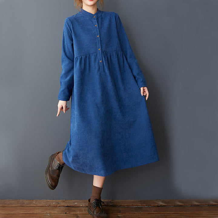 Buddha Stones Plain Buttons Design Thermal Cotton Linen Long Sleeve Midi Dress With Pockets - image 15