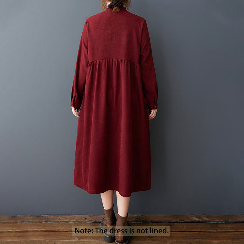 Buddha Stones Plain Buttons Design Thermal Cotton Linen Long Sleeve Midi Dress With Pockets - image 22