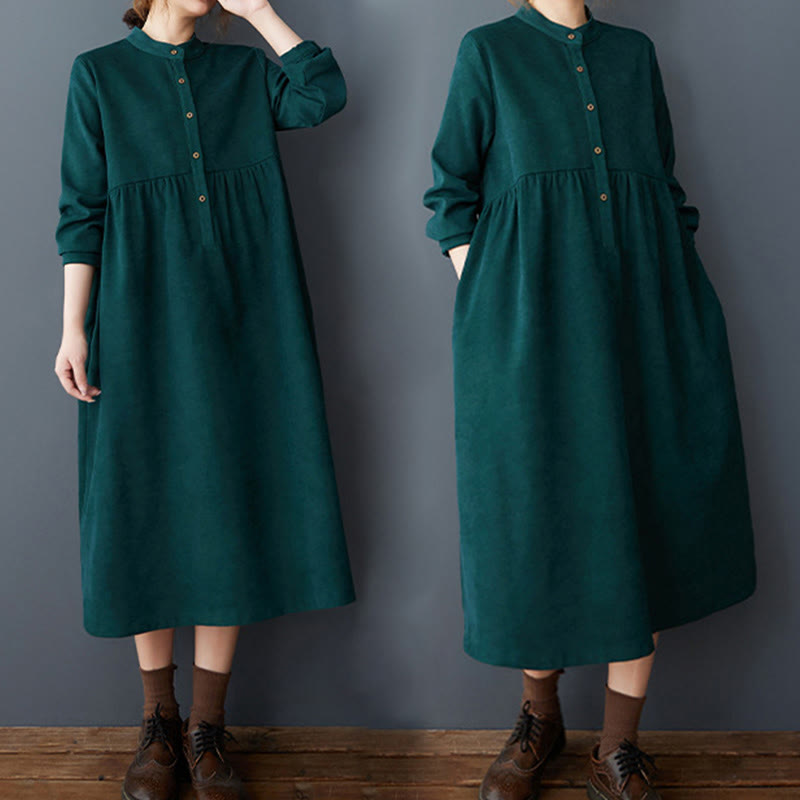 Buddha Stones Plain Buttons Design Thermal Cotton Linen Long Sleeve Midi Dress With Pockets - image 11