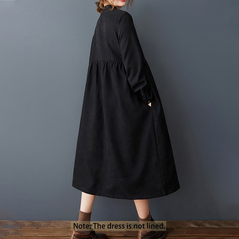 Buddha Stones Plain Buttons Design Thermal Cotton Linen Long Sleeve Midi Dress With Pockets - image 1