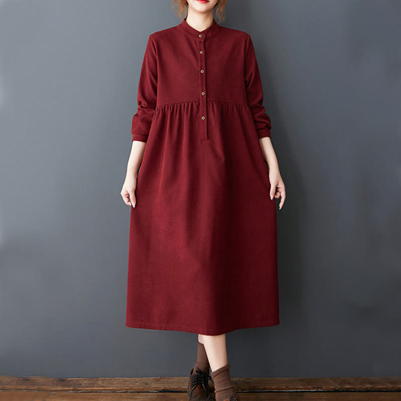 Buddha Stones Plain Buttons Design Thermal Cotton Linen Long Sleeve Midi Dress With Pockets - image 23