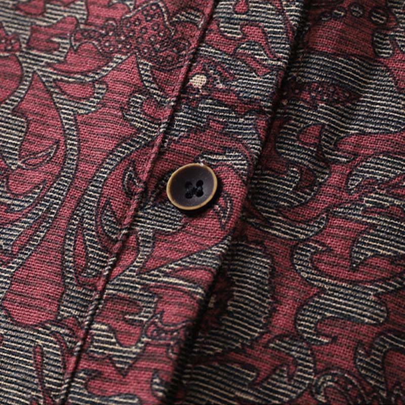 Buddha Stones Brown Printing Floral Pattern Lapel Cotton Linen Long Sleeve Midi Dress With Pockets - image 6