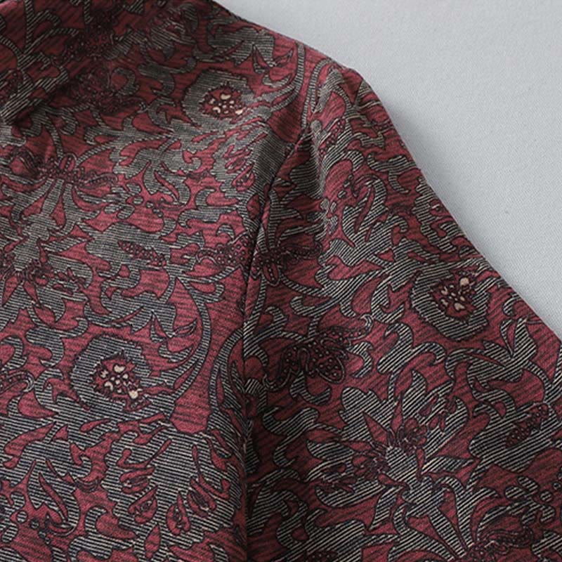 Buddha Stones Brown Printing Floral Pattern Lapel Cotton Linen Long Sleeve Midi Dress With Pockets - image 5