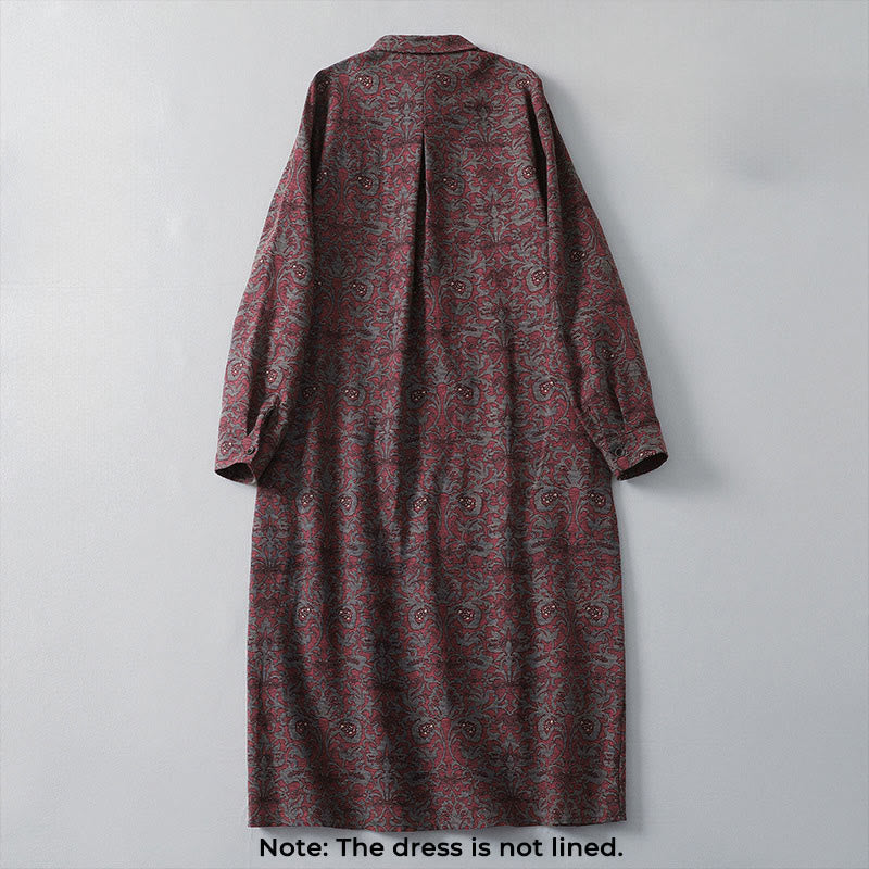 Buddha Stones Brown Printing Floral Pattern Lapel Cotton Linen Long Sleeve Midi Dress With Pockets - image 1