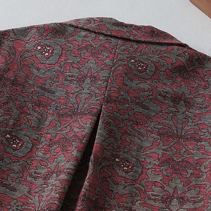 Buddha Stones Brown Printing Floral Pattern Lapel Cotton Linen Long Sleeve Midi Dress With Pockets - image 4