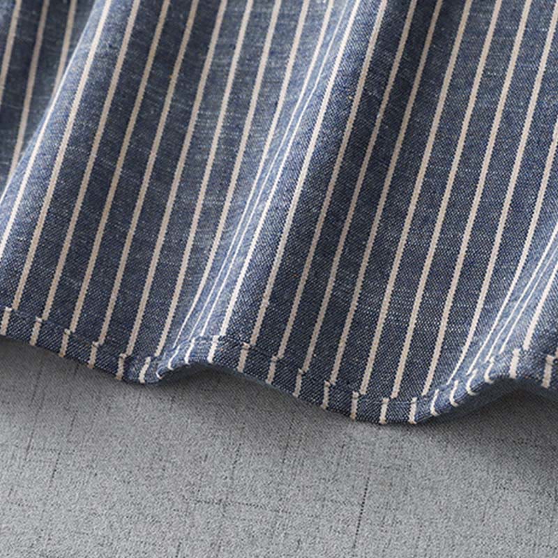 Buddha Stones LightSteelBlue White Striped Long Sleeve Lapel Cotton Linen Midi Dress With Pockets - image 9