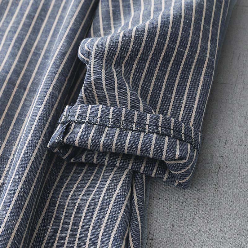 Buddha Stones LightSteelBlue White Striped Long Sleeve Lapel Cotton Linen Midi Dress With Pockets - image 7