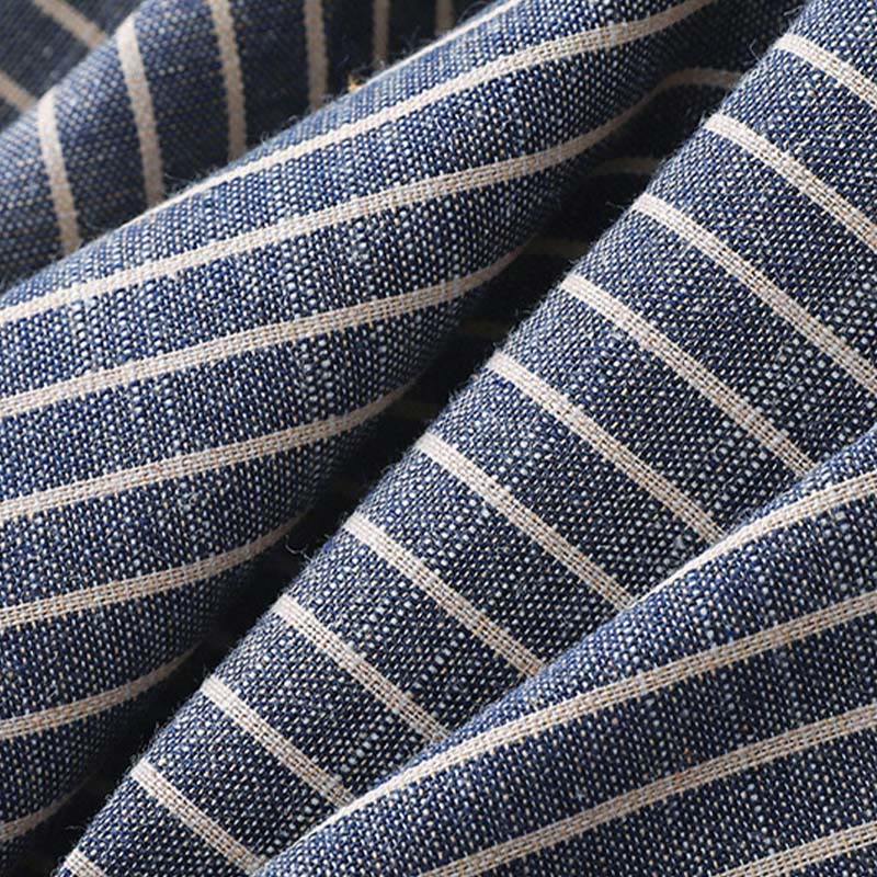 Buddha Stones LightSteelBlue White Striped Long Sleeve Lapel Cotton Linen Midi Dress With Pockets - image 6