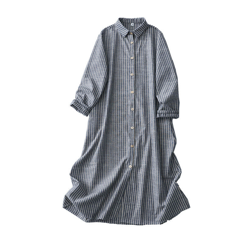 Buddha Stones LightSteelBlue White Striped Long Sleeve Lapel Cotton Linen Midi Dress With Pockets - image 10