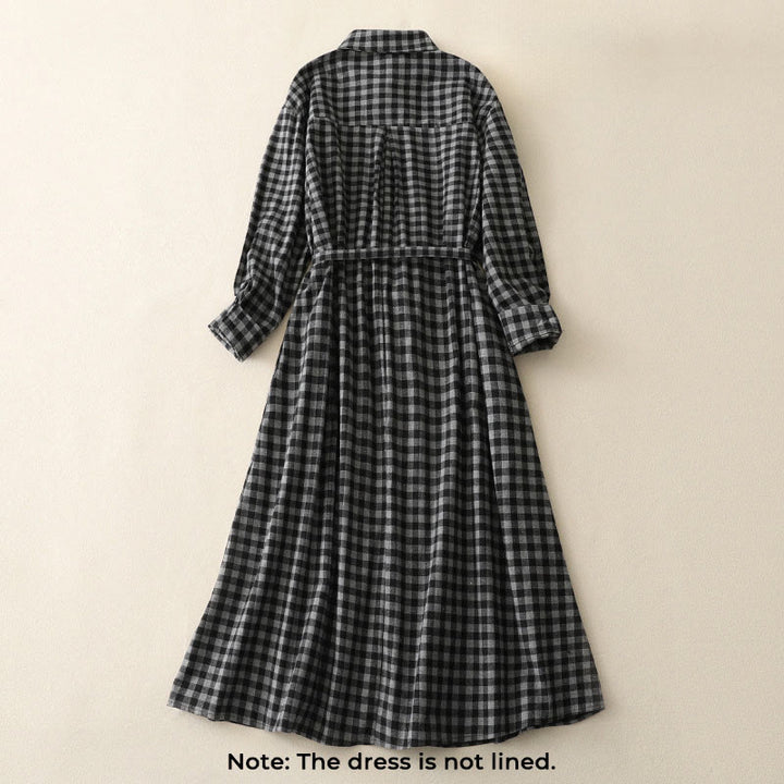 Buddha Stones Black Lace-Up Design Plaid Lapel Long Sleeve Cotton Linen Midi Dress With Pockets - image 1
