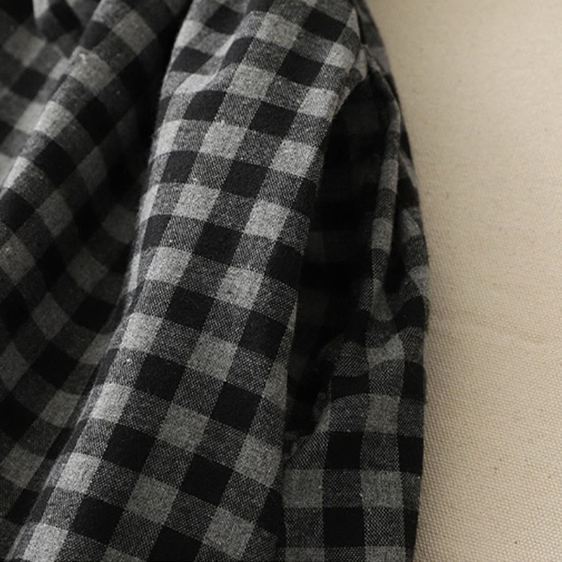 Buddha Stones Black Lace-Up Design Plaid Lapel Long Sleeve Cotton Linen Midi Dress With Pockets - image 7