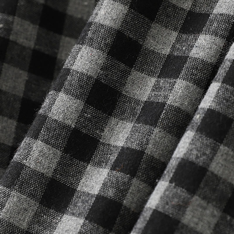 Buddha Stones Black Lace-Up Design Plaid Lapel Long Sleeve Cotton Linen Midi Dress With Pockets - image 6