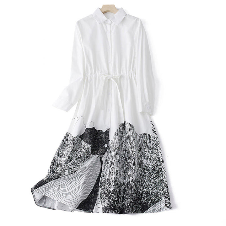 Buddha Stones Printing Irregular Lines Long Sleeve Lace-up Lapel Cotton Midi Dress With Pockets - White - US8-10，UK/AU12-14，EU40-42 (2XL) - image 10