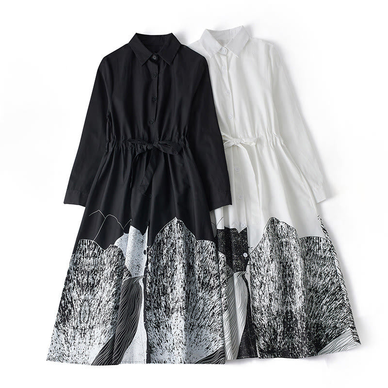 Buddha Stones Printing Irregular Lines Long Sleeve Lace-up Lapel Cotton Midi Dress With Pockets - image 16