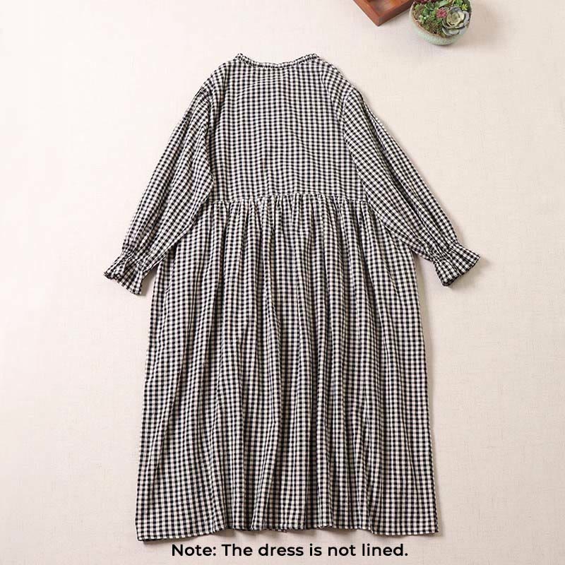Buddha Stones Long Sleeve Plaid Simple Buttons Ruffled Design Cotton Linen Midi Dress With Pockets - image 7