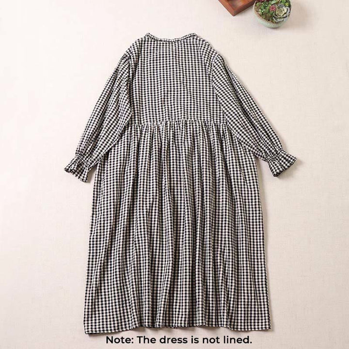Buddha Stones Long Sleeve Plaid Simple Buttons Ruffled Design Cotton Linen Midi Dress With Pockets - image 7