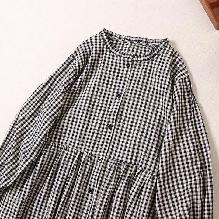 Buddha Stones Long Sleeve Plaid Simple Buttons Ruffled Design Cotton Linen Midi Dress With Pockets - image 8