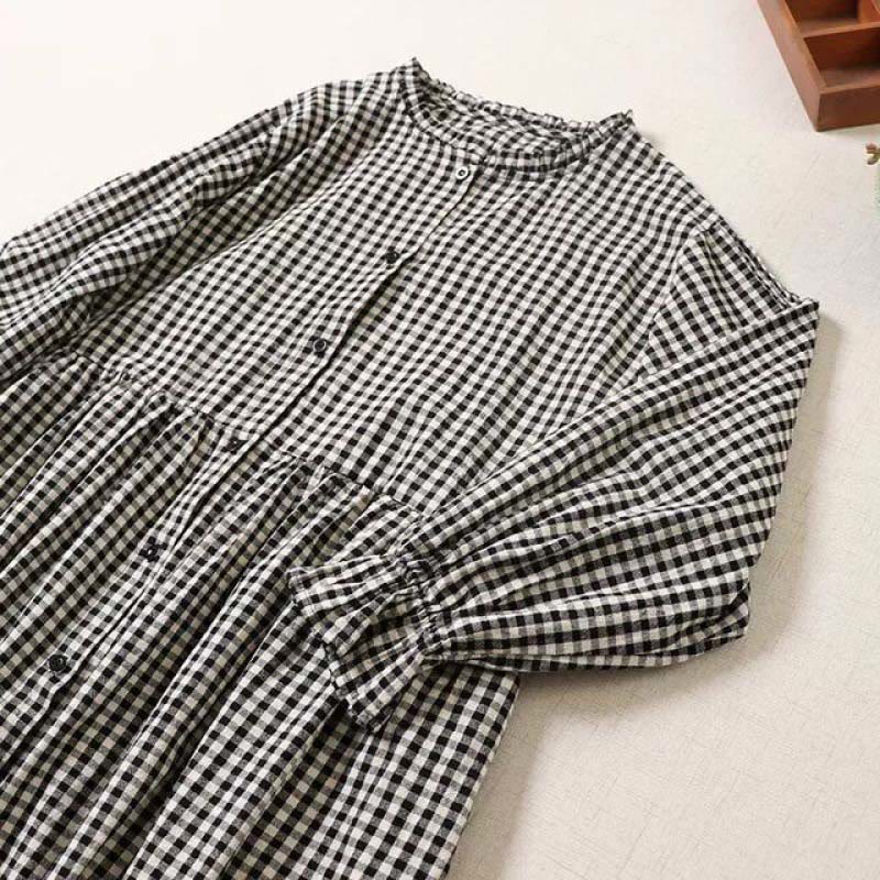 Buddha Stones Long Sleeve Plaid Simple Buttons Ruffled Design Cotton Linen Midi Dress With Pockets - image 9