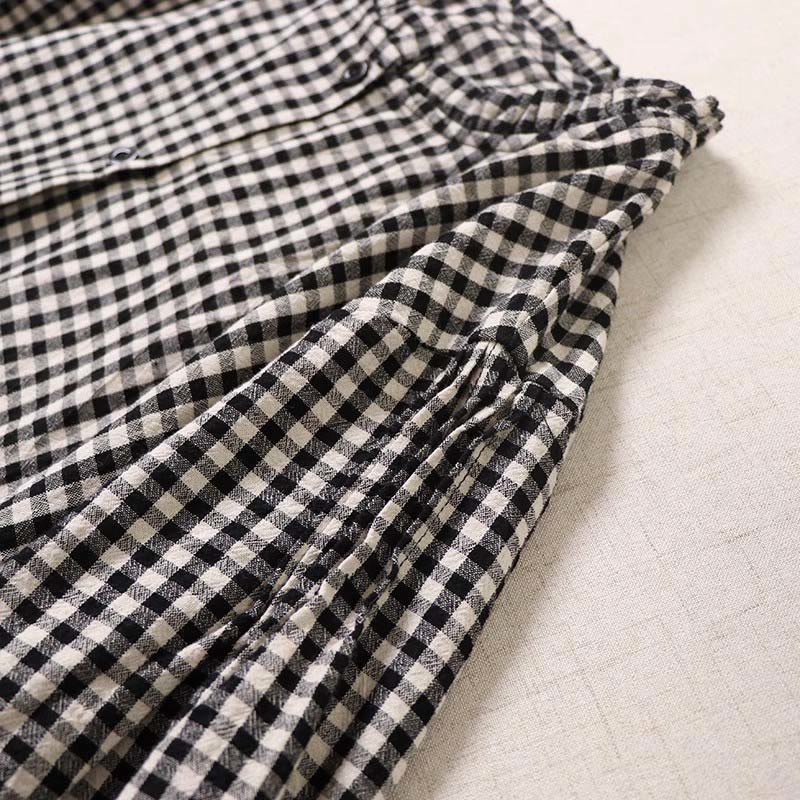 Buddha Stones Long Sleeve Plaid Simple Buttons Ruffled Design Cotton Linen Midi Dress With Pockets - image 13