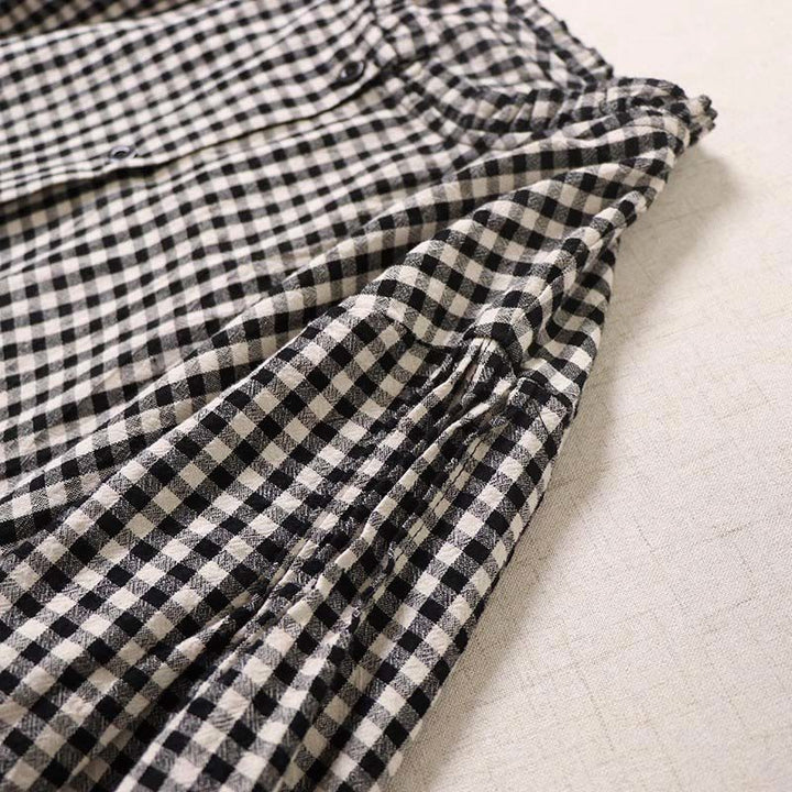 Buddha Stones Long Sleeve Plaid Simple Buttons Ruffled Design Cotton Linen Midi Dress With Pockets - image 13