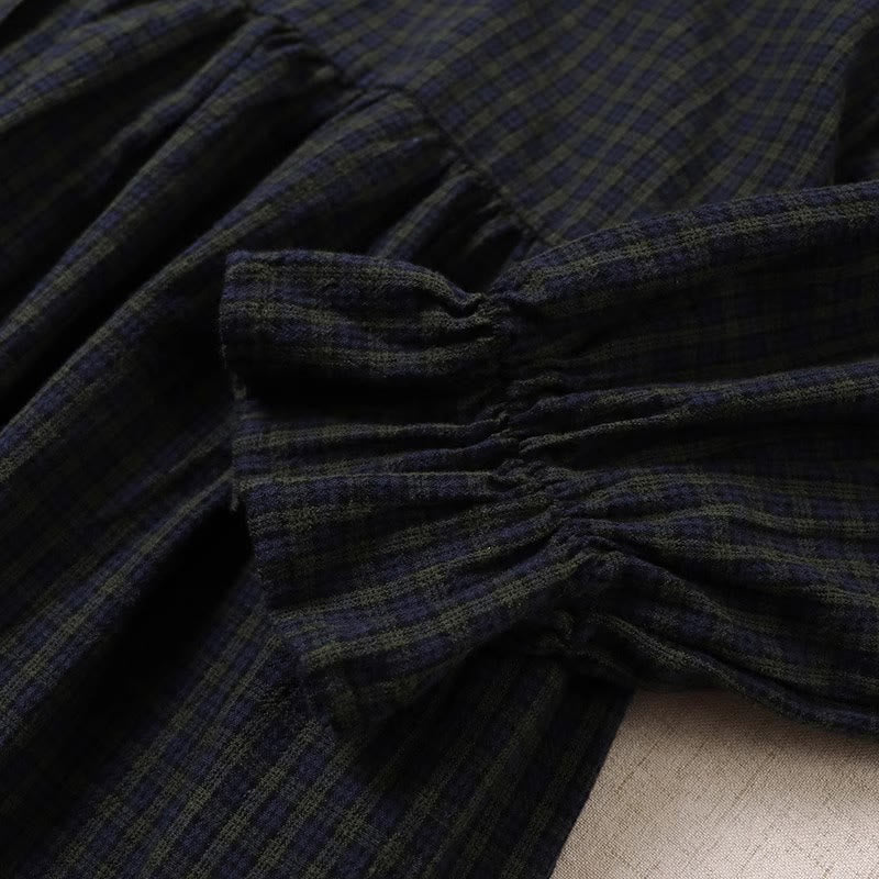 Buddha Stones Long Sleeve Plaid Simple Buttons Ruffled Design Cotton Linen Midi Dress With Pockets - image 5