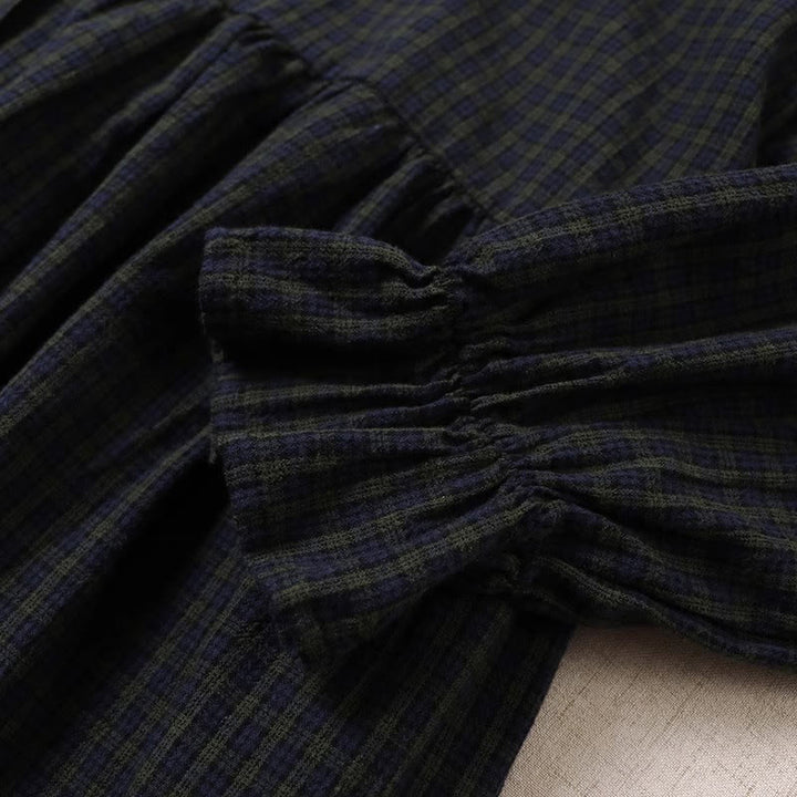 Buddha Stones Long Sleeve Plaid Simple Buttons Ruffled Design Cotton Linen Midi Dress With Pockets - image 5