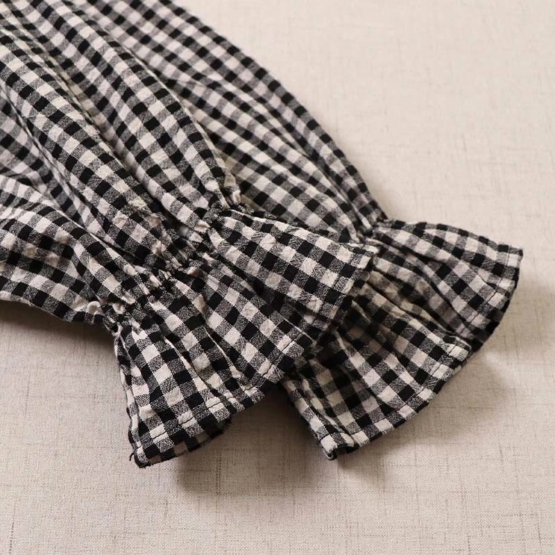 Buddha Stones Long Sleeve Plaid Simple Buttons Ruffled Design Cotton Linen Midi Dress With Pockets - image 17